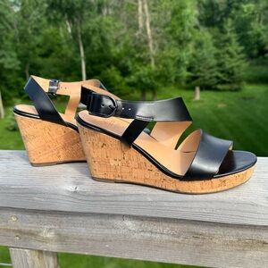 Franco Sarto size 7.5 Marabel Black Cork Wedge Sandals